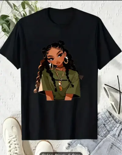 Women Fashion Casual Summer African Girls Cartoon Letter Printed Cotton Short-Sleeve T-Shirt