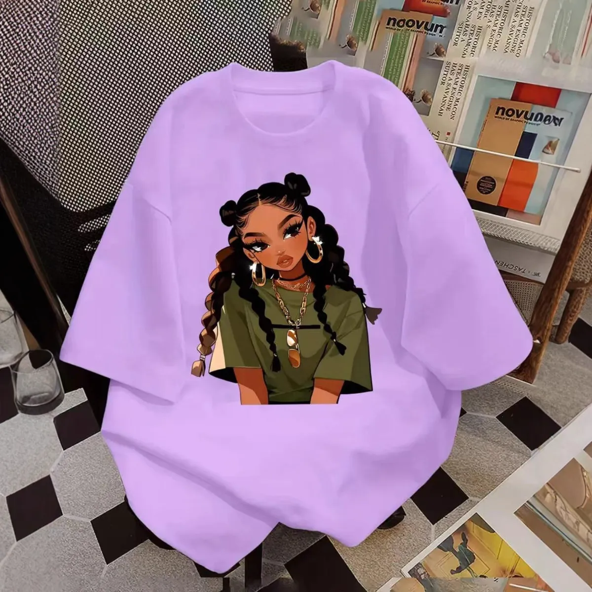 Women Fashion Casual Summer African Girls Cartoon Letter Printed Cotton Short-Sleeve T-Shirt