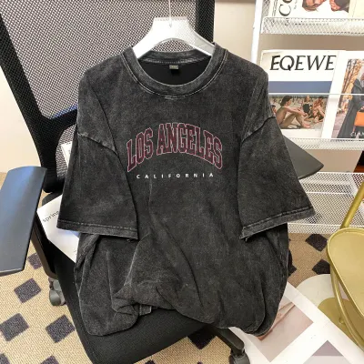 Women Fashion Casual Washed Old Letter Printed Cotton Short-Sleeve T-Shirt