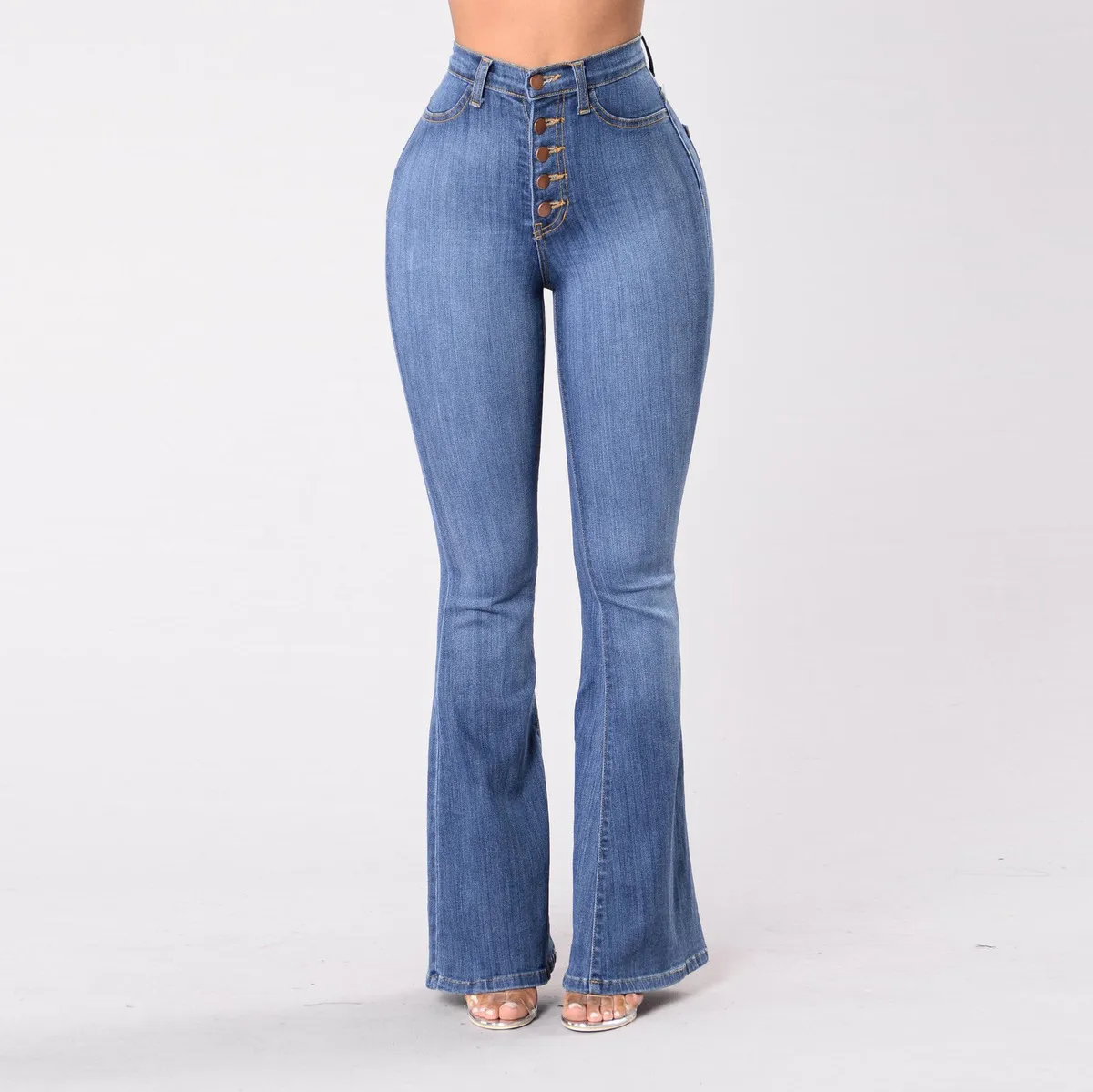 Women Fashion Casual Slim-Fit High Waist Flared Jeans