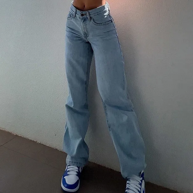 Women Fashion Casual High-Waist Ripped Slim-Fit Straight Jeans