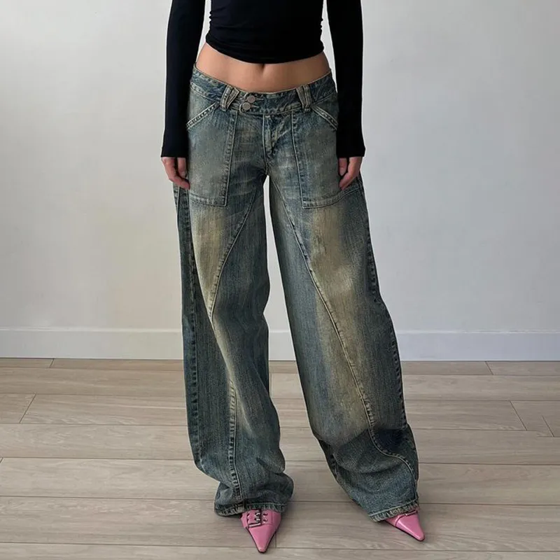 Women Fashion Casual Retro Washed Old Design Loose Wide Leg Jeans
