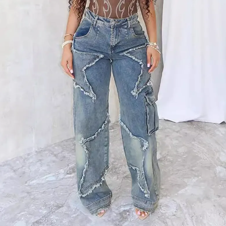 Women Fashion Casual Star Tassel Fringe Loose Straight Cargo Jeans