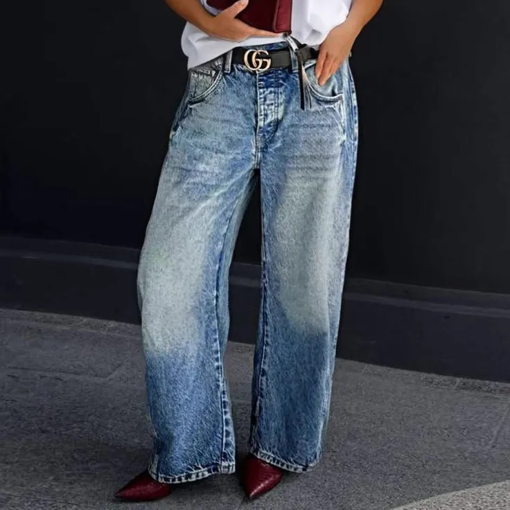 Women Fashion Casual Simple Washed Straight Jeans