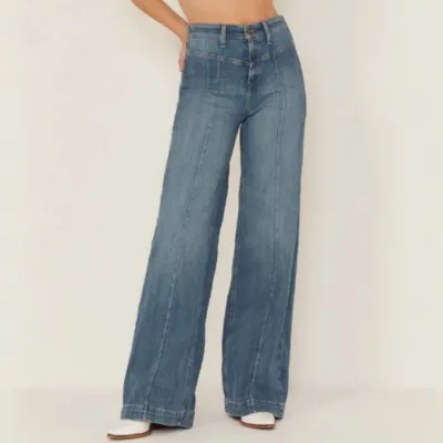 Women Fashion Casual Simple Elastic Straight Wide Leg Jeans