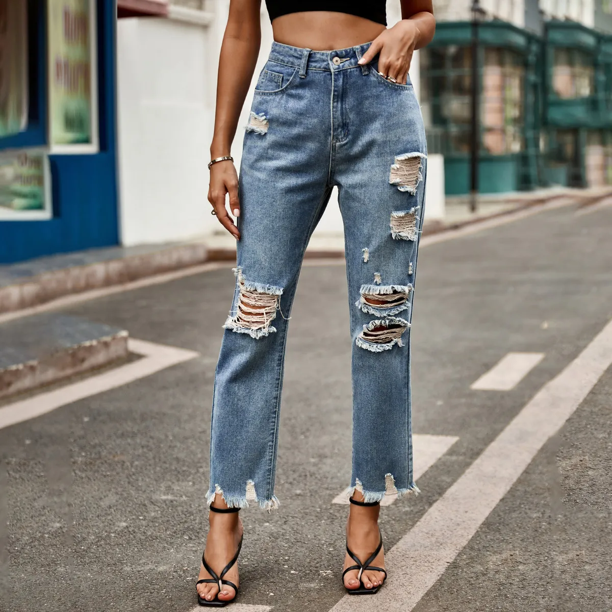 Women'S Fashion Casual Ripped Slim-Fit Straight Jeans