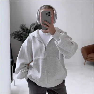 Women Fashion Casual Spring And Autumn Fleece-Lined Thickened Long-Sleeve Zipper Loose Hoodies