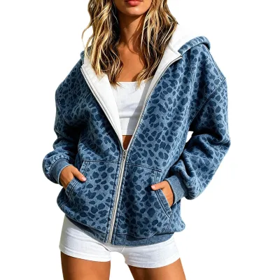 Women Fashion Casual Autumn Leopard Print Zip Long-Sleeve Loose Hooides