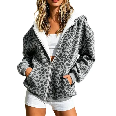 Women Fashion Casual Autumn Leopard Print Zip Long-Sleeve Loose Hooides