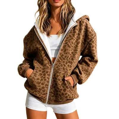 Women Fashion Casual Autumn Leopard Print Zip Long-Sleeve Loose Hooides