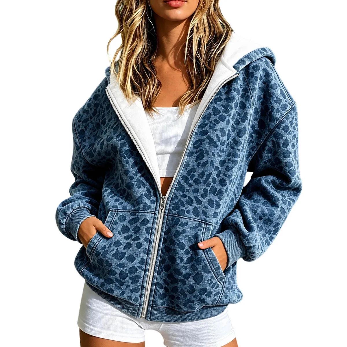Women Fashion Casual Autumn Leopard Print Zip Long-Sleeve Loose Hooides