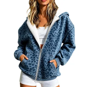 Women Fashion Casual Autumn Leopard Print Zip Long-Sleeve Loose Hooides