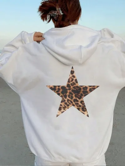 Women Fashion Casual Leopard Star Printed Long-Sleeve Loose Hoodies