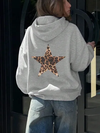 Women Fashion Casual Leopard Star Printed Long-Sleeve Loose Hoodies