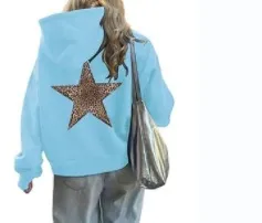 Women Fashion Casual Leopard Star Printed Long-Sleeve Loose Hoodies