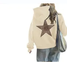 Women Fashion Casual Leopard Star Printed Long-Sleeve Loose Hoodies