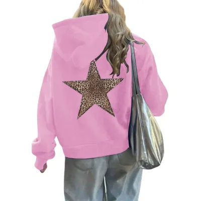Women Fashion Casual Leopard Star Printed Long-Sleeve Loose Hoodies