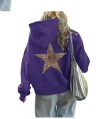 Women Fashion Casual Leopard Star Printed Long-Sleeve Loose Hoodies