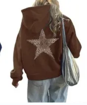 Women Fashion Casual Leopard Star Printed Long-Sleeve Loose Hoodies