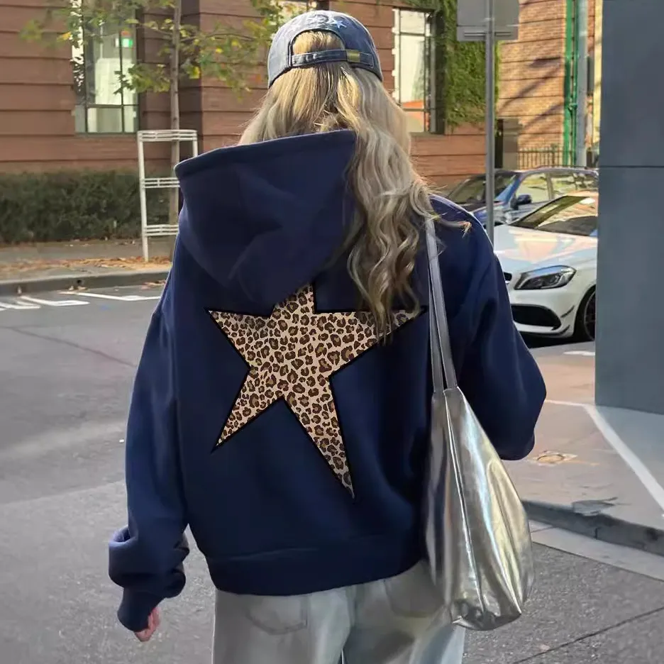 Women Fashion Casual Leopard Star Printed Long-Sleeve Loose Hoodies