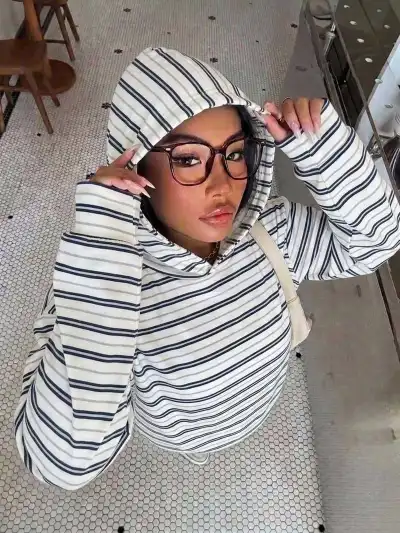Women Fashion Casual Sutumn Contrast Stripe Loose Long Sleeve Hoodies