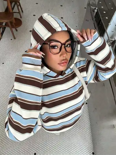 Women Fashion Casual Sutumn Contrast Stripe Loose Long Sleeve Hoodies