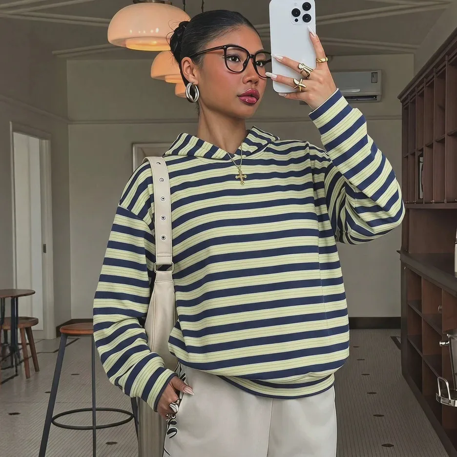 Women Fashion Casual Sutumn Contrast Stripe Loose Long Sleeve Hoodies
