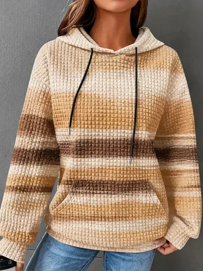 Women Fashion Casual Waffle Gradient Long-Sleeve Loose Hoodies