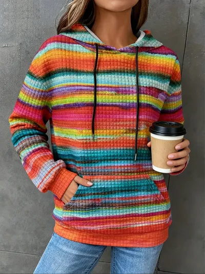 Women Fashion Casual Waffle Gradient Long-Sleeve Loose Hoodies