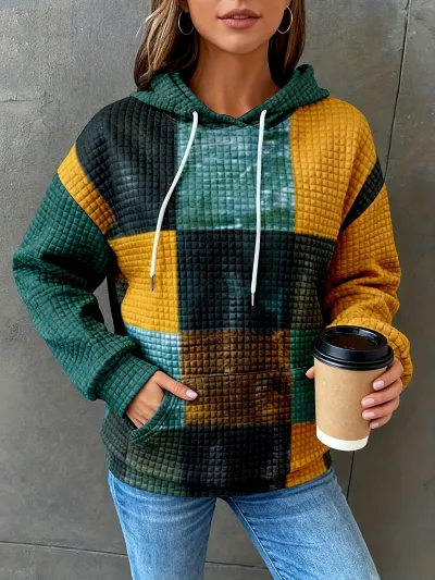 Women Fashion Casual Waffle Gradient Long-Sleeve Loose Hoodies