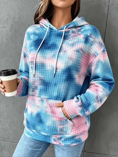 Women Fashion Casual Waffle Gradient Long-Sleeve Loose Hoodies