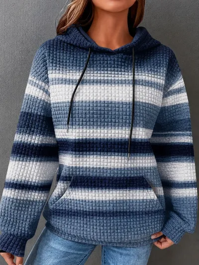 Women Fashion Casual Waffle Gradient Long-Sleeve Loose Hoodies