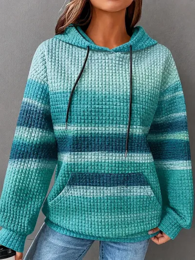 Women Fashion Casual Waffle Gradient Long-Sleeve Loose Hoodies