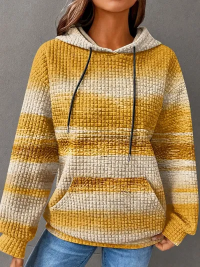 Women Fashion Casual Waffle Gradient Long-Sleeve Loose Hoodies