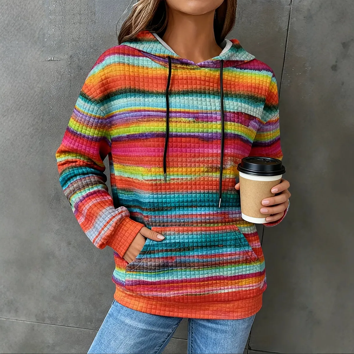 Women Fashion Casual Waffle Gradient Long-Sleeve Loose Hoodies