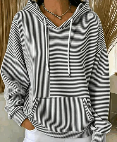 Women Fashion Casual Autumn Stripe Stitching Long-Sleeve Loose Hoodies
