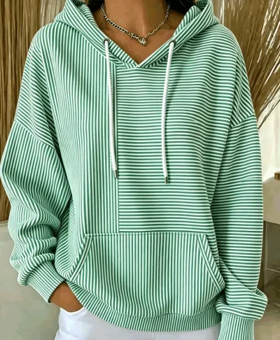 Women Fashion Casual Autumn Stripe Stitching Long-Sleeve Loose Hoodies