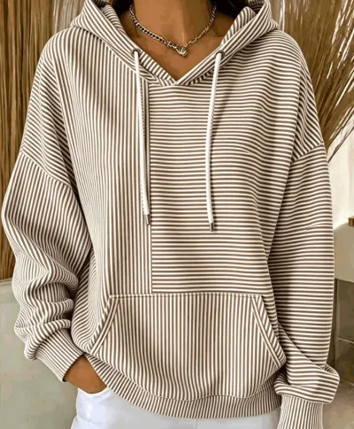 Women Fashion Casual Autumn Stripe Stitching Long-Sleeve Loose Hoodies
