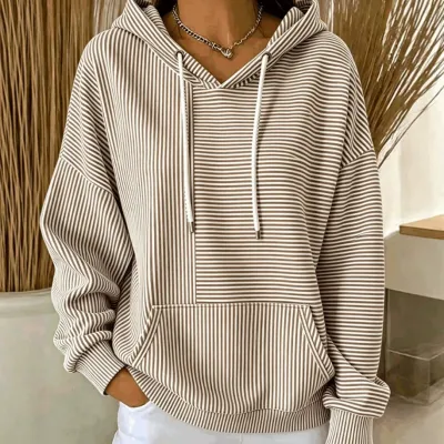 Women Fashion Casual Autumn Stripe Stitching Long-Sleeve Loose Hoodies