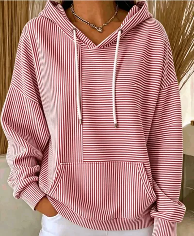 Women Fashion Casual Autumn Stripe Stitching Long-Sleeve Loose Hoodies