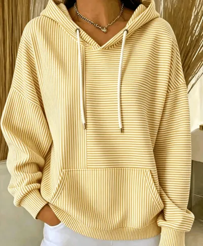 Women Fashion Casual Autumn Stripe Stitching Long-Sleeve Loose Hoodies