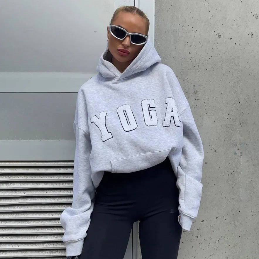Women Fashion Casual Autumn Grey Embroidered Yoga Letter Printed Loose Long-Sleeve Hoodies