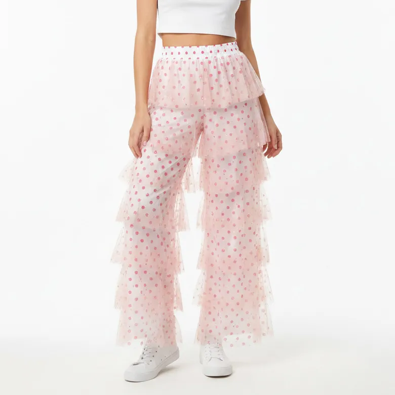 Women Fashion Casual Vertical Stripe Layer Mesh Stitching Pants