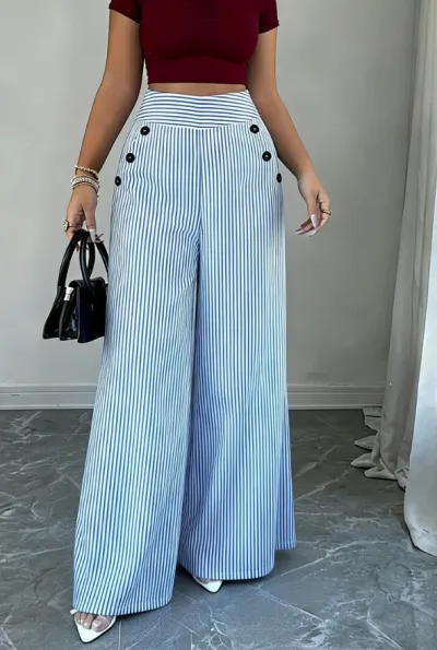 Women Fashion Casual Spring And Summer Stripe Loose Wide Leg Pants
