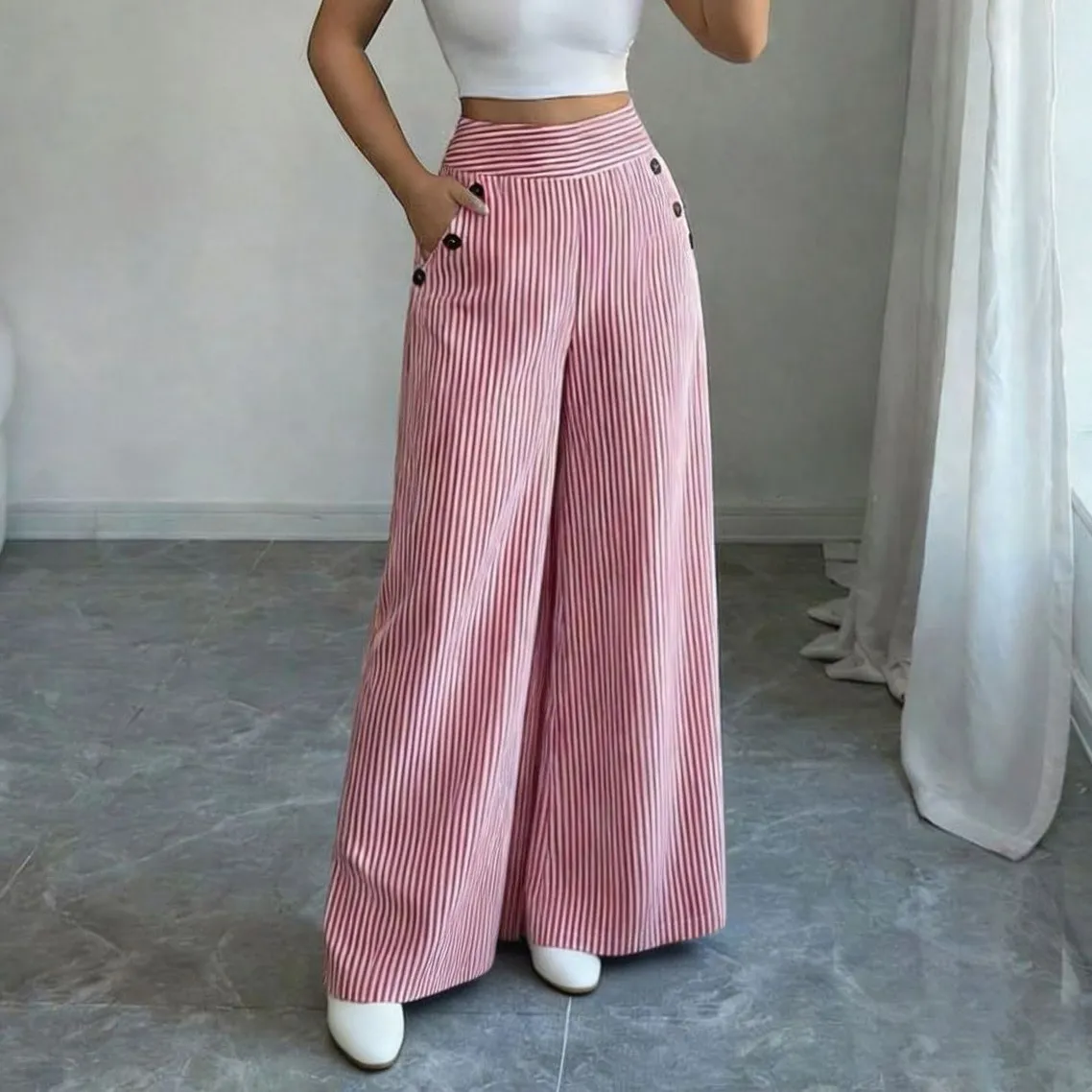 Women Fashion Casual Spring And Summer Stripe Loose Wide Leg Pants
