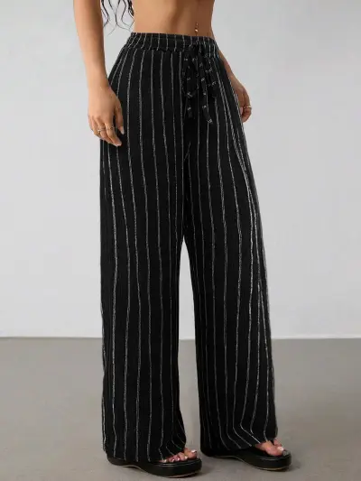 Women Fashion Casual Stripe Drawstring Loose Wide Leg Pants