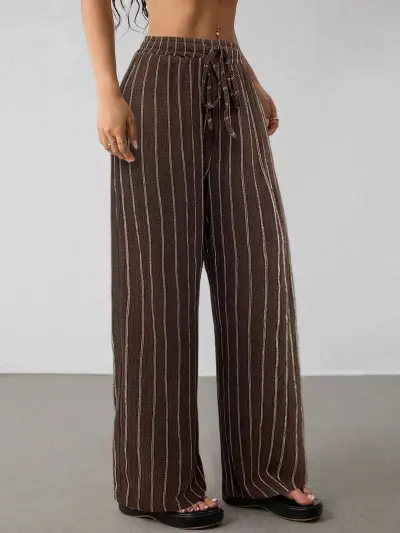 Women Fashion Casual Stripe Drawstring Loose Wide Leg Pants