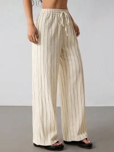 Women Fashion Casual Stripe Drawstring Loose Wide Leg Pants