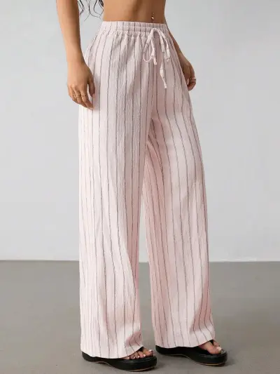 Women Fashion Casual Stripe Drawstring Loose Wide Leg Pants