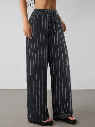 Women Fashion Casual Stripe Drawstring Loose Wide Leg Pants